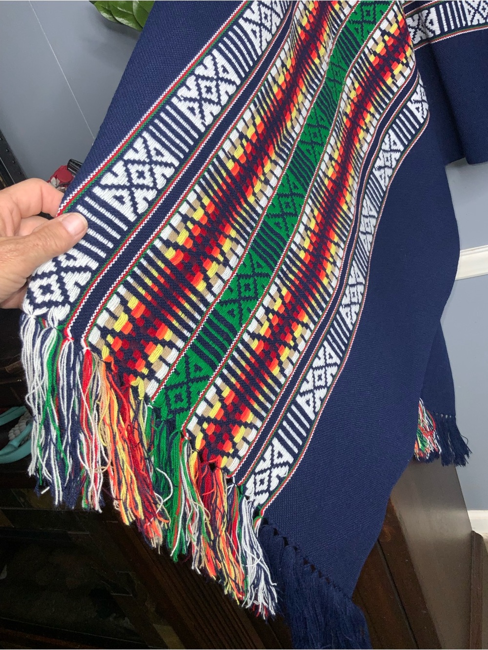 Navy Aztec-Pattern Fringe Poncho - Women's Accessory - Picture 5 of 11